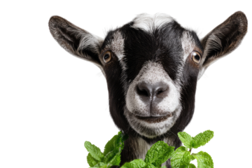 Close-up portrait of a goat wearing a garland of fresh mint