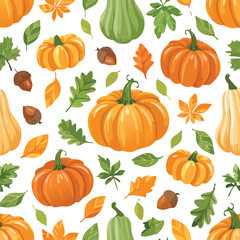 Cozy autumn seamless pattern with acorns, pumpkins, and leaves