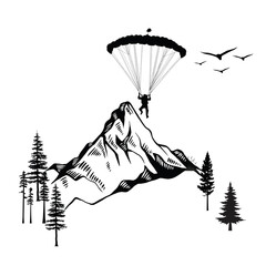 Mountain Adventure Silhouette – Parachuting, Camping & Nature Exploration Vector