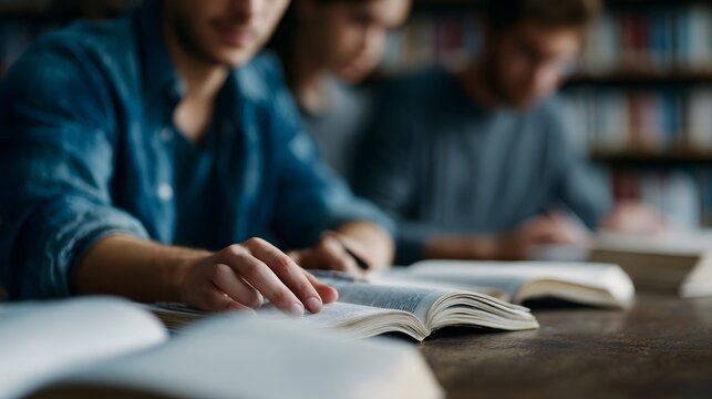Young students intensely focused on reading and studying together in a quiet library setting fostering academic growth and collaborative learning