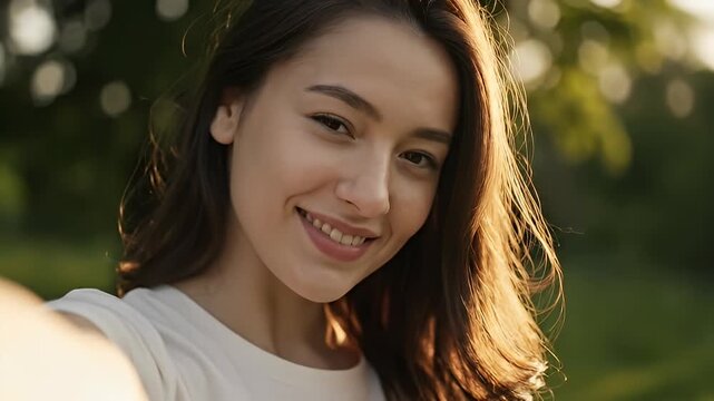 Smiling woman taking selfie outdoors