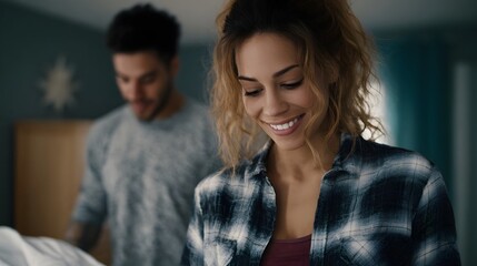 Happy diverse couple sharing a joyful and relaxed moment at home with the woman smiling in the foreground and the man in the blurred background
