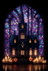 Gothic Halloween Haunted House with Stained Glass Windows