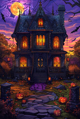 Gothic Halloween Haunted House with Stained Glass Windows
