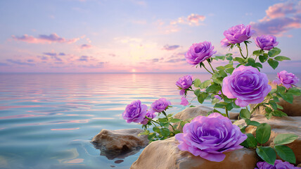 Beautiful purple roses bloom by the calm ocean under a soft sunrise, creating a serene and romantic seascape filled with pastel tones and peaceful floral beauty.