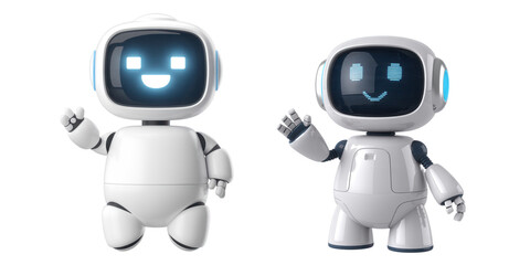 Friendly robots waving hello, perfect for tech and AI promotions with a modern, approachable feel.