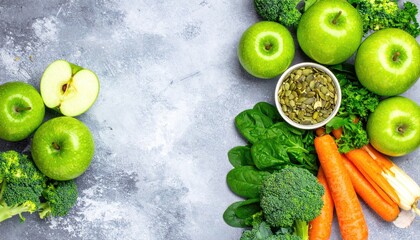 Fresh green apples, broccoli, carrots, and spinach with pumpkin seeds on a gray stone surface