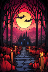 Gothic Halloween Haunted House with Stained Glass Windows