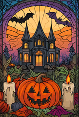 Gothic Halloween Haunted House with Stained Glass Windows
