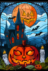 Gothic Halloween Haunted House with Stained Glass Windows