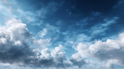 Obraz premium A vibrant blue sky with an array of bright white and textured grey clouds bathed in natural sunlight creating a serene and expansive atmospheric view