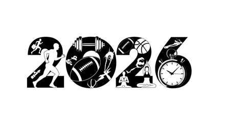 Obraz premium Dynamic 2026 sports and fitness concept with running, weightlifting, football, basketball, yoga, and swimming for a healthy lifestyle
