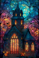 Gothic Halloween Haunted House with Stained Glass Windows