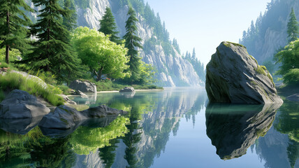 A breathtaking fantasy landscape with a large, majestic mountain range reflected in a perfectly still, serene lake, under a mystical sky.