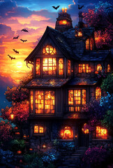 Gothic Halloween Haunted House with Stained Glass Windows