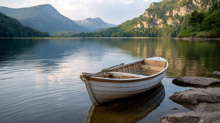 Obraz premium A boat on a mountain lake, the scenic scene illuminated by soft light. Boat, mountain, with copy space