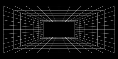 Empty futuristic digital box room grey-black background with white grid space line color surface. Network cyber technology. banner, cover, terrain, sci-fi, wireframe, and related to background.