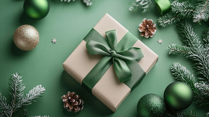 Stylish flat lay of a holiday gift box with natural and minimal christmas decorations, creating a festive atmosphere for winter holidays greetings and marketing campaigns