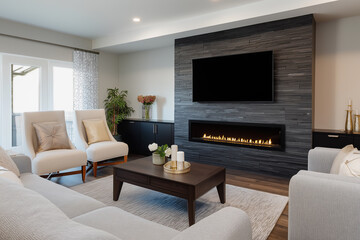 Modern living room with fireplace and large television setup