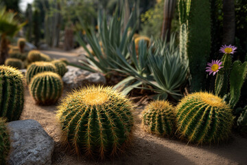 Fototapeta premium Desert garden filled with various cacti and succulents in sunlight
