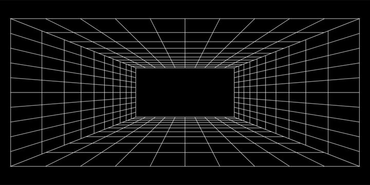 Empty futuristic digital box room grey-black background with white grid space line color surface. Network cyber technology. banner, cover, terrain, sci-fi, wireframe, and related to background.