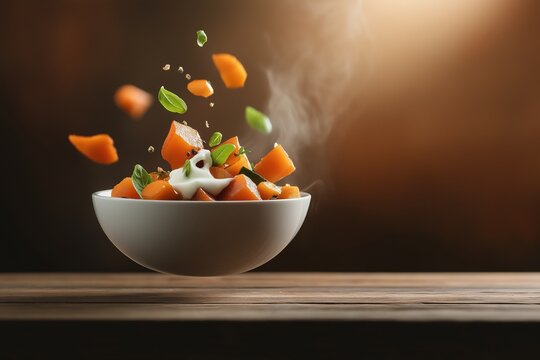 Levitating bowl of Scandinavian vegetable stew with floating chu