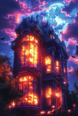 Gothic Halloween Haunted House with Stained Glass Windows
