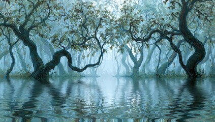 Misty, fantastical forest reflected in still water