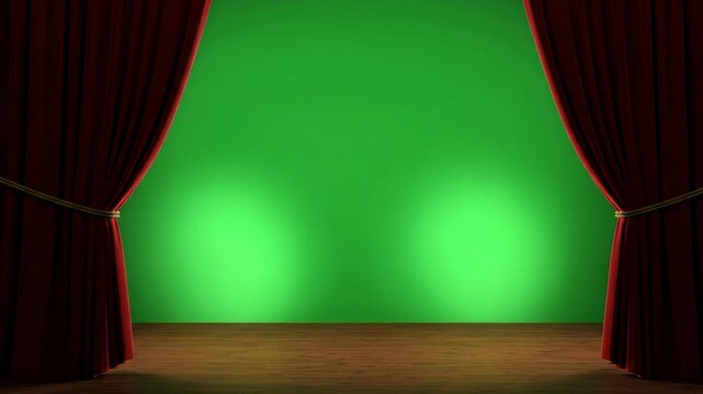 An empty stage with red velvet curtains pulled back revealing a green screen background and wooden floor