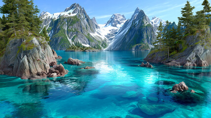 A breathtaking fantasy landscape with a large, majestic mountain range reflected in a perfectly still, serene lake, under a mystical sky.