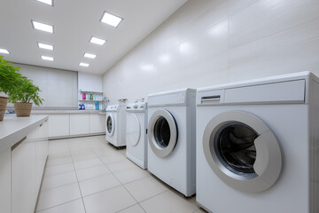 Modern laundry room with white appliances and natural light