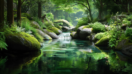 A serene forest river flows gently between moss-covered rocks, surrounded by lush greenery and soft reflections, creating a peaceful, calming natural escape.