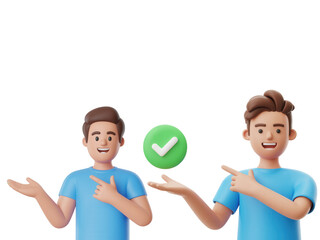 Obraz premium Confident young men showcasing approved concept with positive checkmark, perfect for business and success themes.
