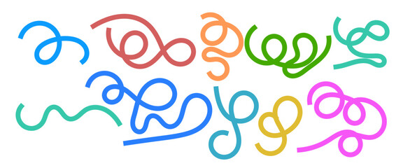 Colorful abstract swirl and curly line vector set with playful decorative loops, wavy scribble strokes, modern doodle elements for scrapbook, posters, overlays, and digital art projects