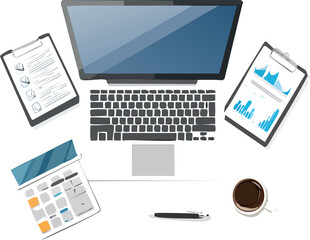 Office workspace setup- laptop, coffee, documents, charts 