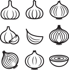 Vegetable Line Icons Garlic with Onions Collection