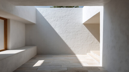 Fototapeta premium Minimalist interior with classic white textured wall and natural light casting geometric shadows on stone floor and steps, creating calm and serene atmosphere