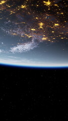 A detailed view of planet Earth from orbit, showcasing city lights illuminating the night side of the planet.