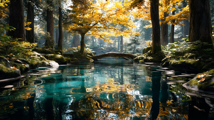 A breathtaking fantasy forest scene with golden autumn trees reflecting on a crystal-clear lake, bathed in warm sunlight and serene beauty beneath an elegant stone bridge.