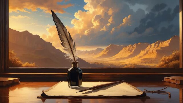Vintage feather quill and ink bottle on wooden desk with parchment paper by window overlooking dramatic golden mountains and cloudy sky