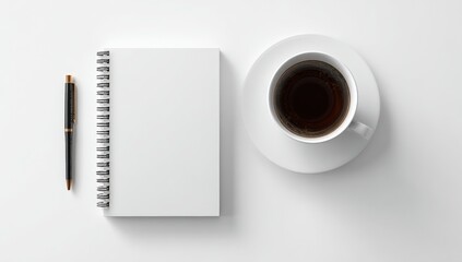 Blank notebook, pen, and coffee cup on white surface