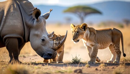 A rhino and a lion cub share a peaceful encounter in a golden savanna landscape.
