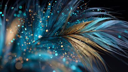 A mesmerizing abstract feather design with glowing blue and golden particles, creating a dreamy, luxurious, and vibrant fantasy-inspired background.