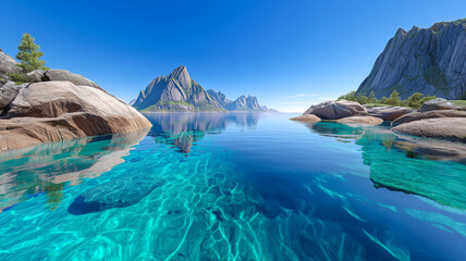 A breathtaking fantasy landscape with a large, majestic mountain range reflected in a perfectly still, serene lake, under a mystical sky.