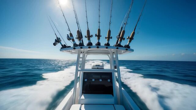 Sport fishing boat cruising fast on open sea with multiple mounted fishing rods under bright blue sky and ocean waves trail behind