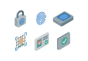 isometric icon items isolated on white background fingerprint lock print detail reader pad biometric grid id check access