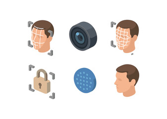 isometric icon items isolated on white background face scan camera lens face grid unlock frame biometric dot profile head