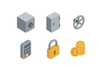 isometric icon items isolated on white background bank vault steel door wheel lock access keypad safety lock coin stack