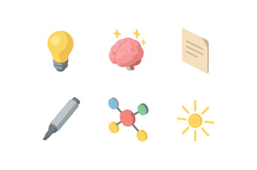 isometric icon items isolated on white background idea bulb brain spark paper note sketch pen mind map light ray