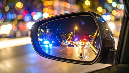Car side mirror reflecting vibrant city street at night with light trails, traffic, and illuminated urban atmosphere